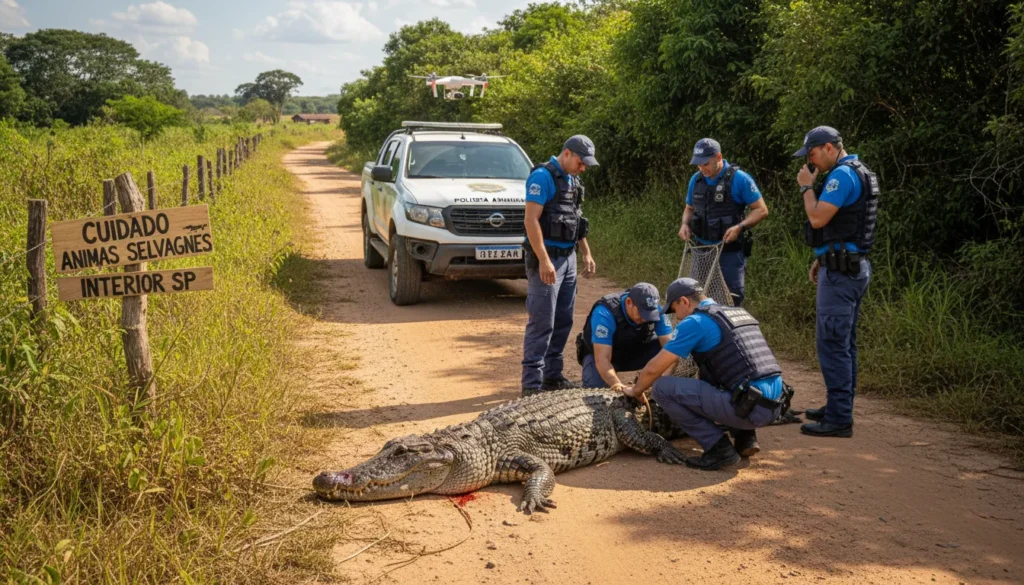 Jacaré ferido é resgatado após atropelamento em Bernardino de Campos