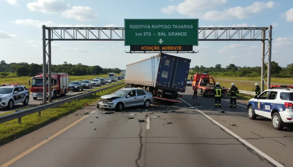 Acidente grave entre carro e caminhão deixa motorista ferido na Raposo Tavares